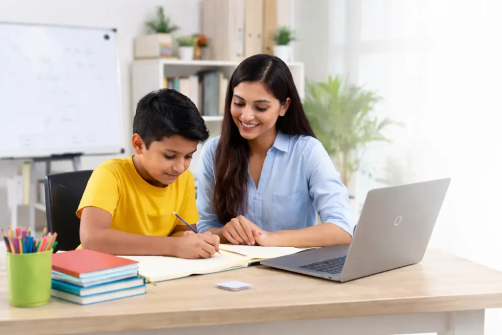 Maths tutor teaching a school student during an online or home tuition session