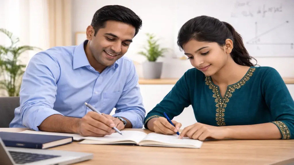 Experienced ICSE maths tutor guiding a female student during a personalised one-to-one maths session