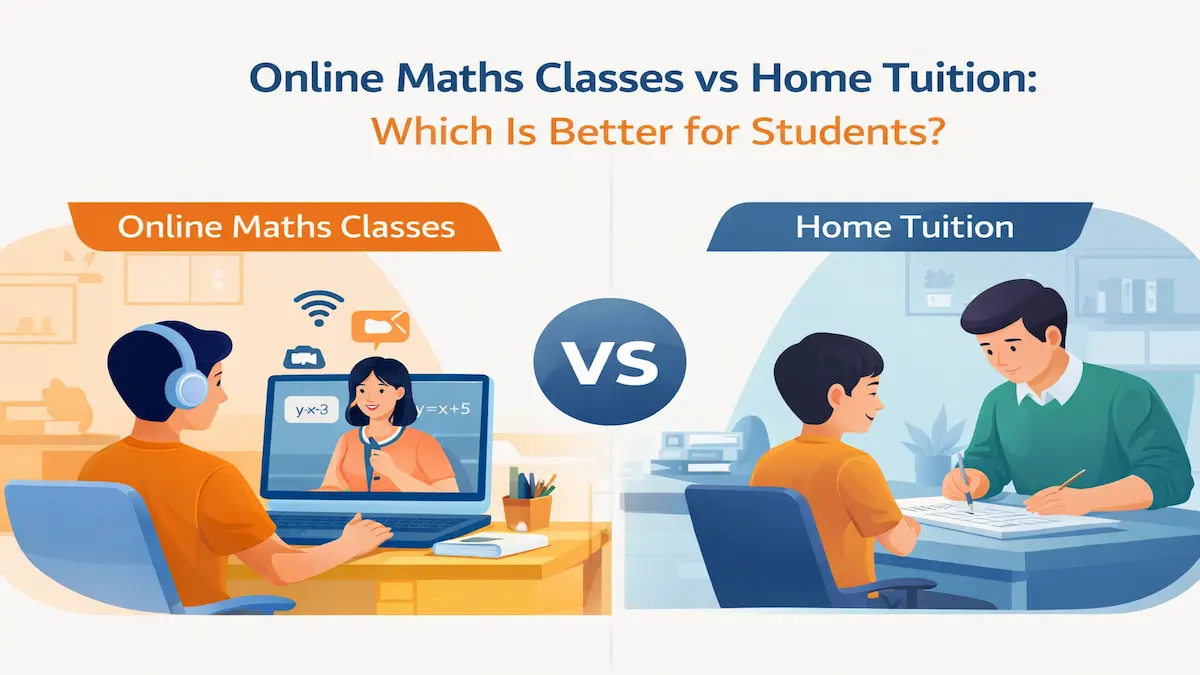 Online maths classes vs home tuition comparison showing student learning online and with a home tutor